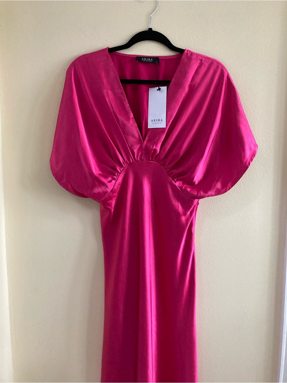 AKIRA Hot Pink Satin V-Neck Maxi Dress with Dolman Sleeves